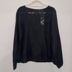 NWT Roxy Women's XL Top Long Sleeves Sheer Black Crochet Lace Pattern Boho Beach